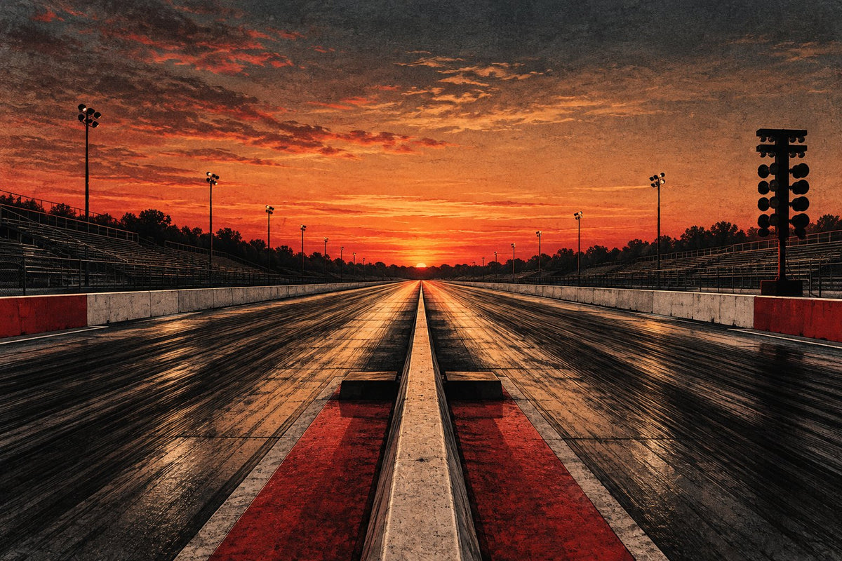 AI-generated editorial illustration of an empty two-lane drag strip at dusk; no race or starting sequence is depicted.