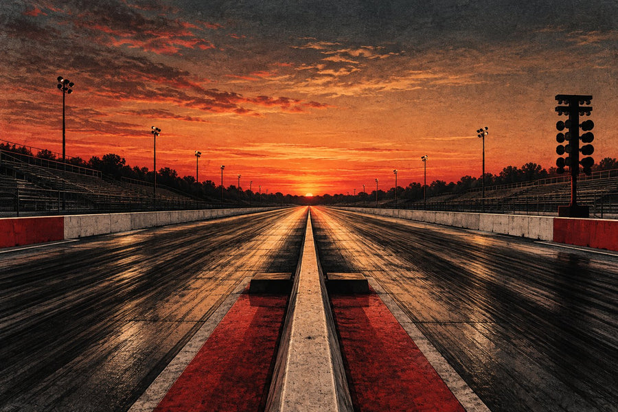 AI-generated editorial illustration of an empty two-lane drag strip at dusk; no race or starting sequence is depicted.
