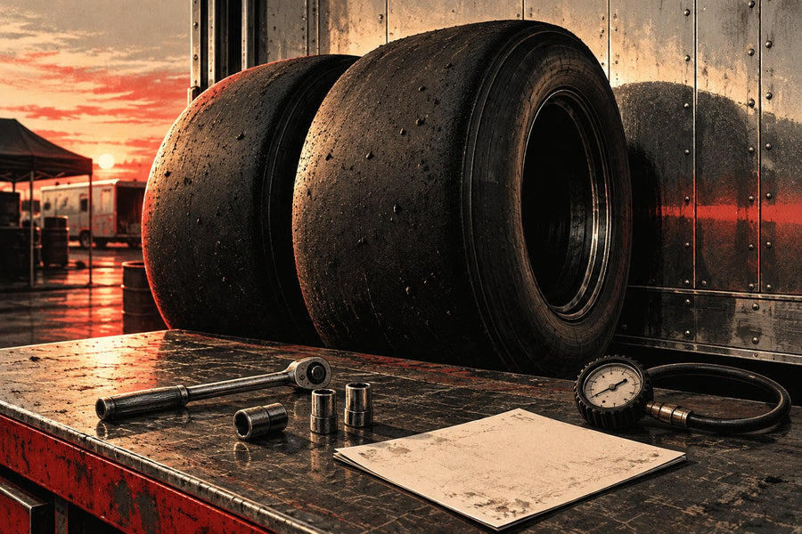 AI-generated editorial illustration of drag slicks, tools and a blank slip beside a racing trailer.