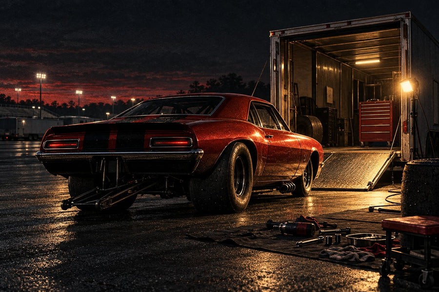 AI-generated editorial illustration of an unbranded drag car beside an open trailer in the evening pits.