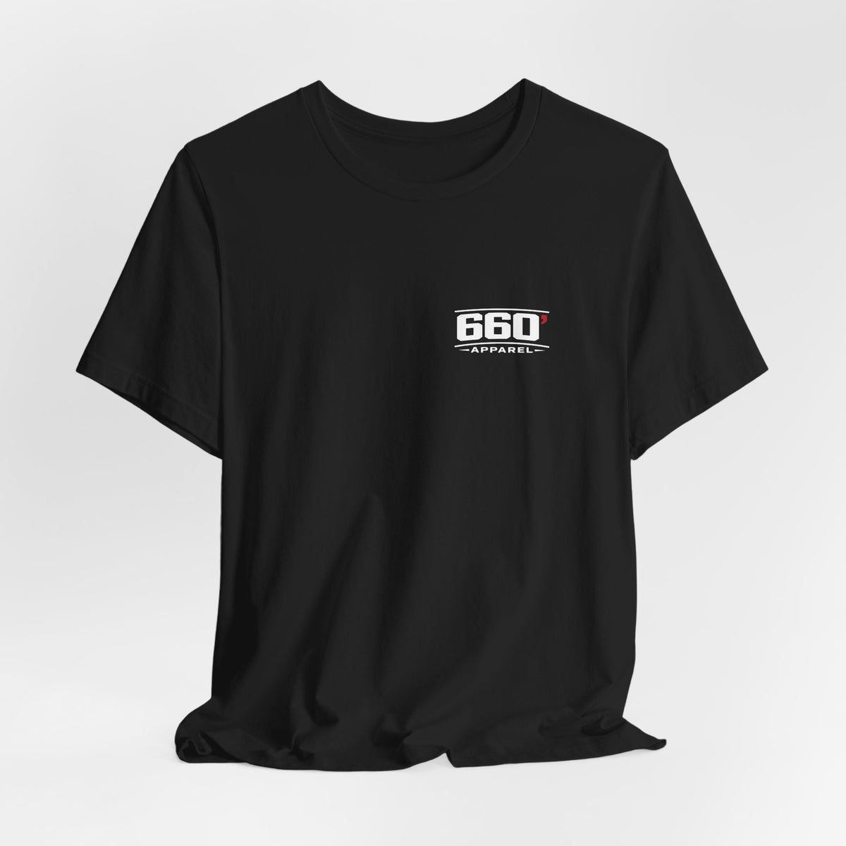 Hanging black tee showing classic 660′ Apparel left-chest logo