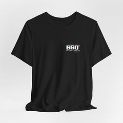 Hanging black tee showing classic 660′ Apparel left-chest logo