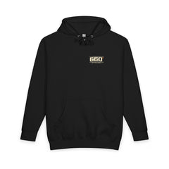 black front of Lane Seven heavyweight hoodie — official 660′ Apparel left-chest mark
