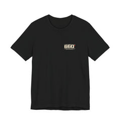 Front of black Bella+Canvas 3001 with the official horizontal 660′ Apparel left-chest logo