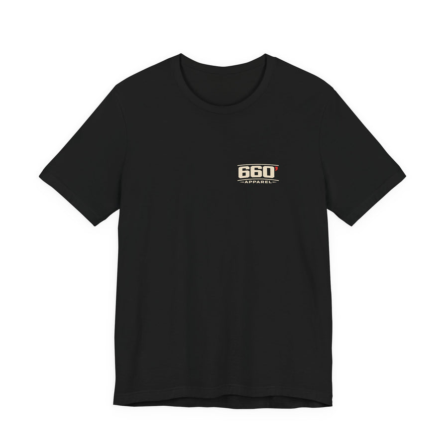 Front of black Bella+Canvas 3001 with the official horizontal 660′ Apparel left-chest logo