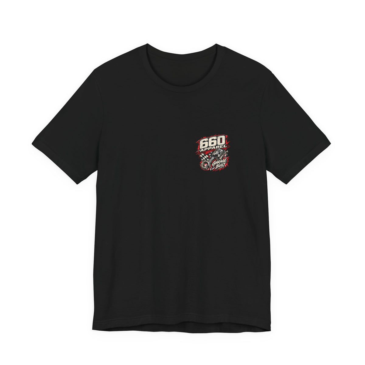 Front of black Banana Crew tee with 660′ Apparel Garage Built piston emblem on the wearer’s left chest
