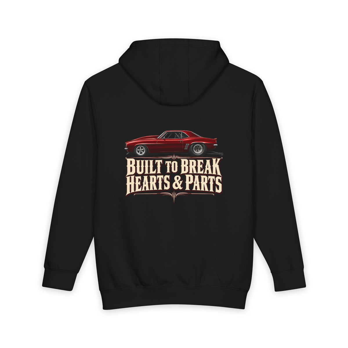 black back of Lane Seven heavyweight hoodie — Built to Break Hearts & Parts. artwork