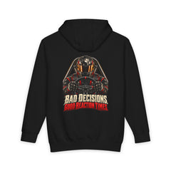 black back of Lane Seven heavyweight hoodie — Bad Decisions. Good Reaction Times. artwork