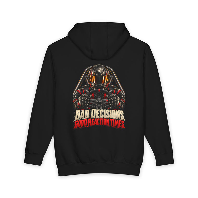 black back of Lane Seven heavyweight hoodie — Bad Decisions. Good Reaction Times. artwork