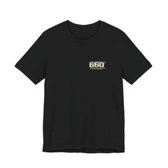 Front of black Bella+Canvas 3001 tee with a small matching official 660 Apparel left-chest mark