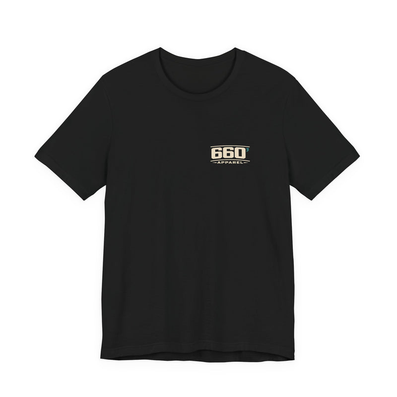 Front of black Bella+Canvas 3001 tee with a small matching official 660 Apparel left-chest mark
