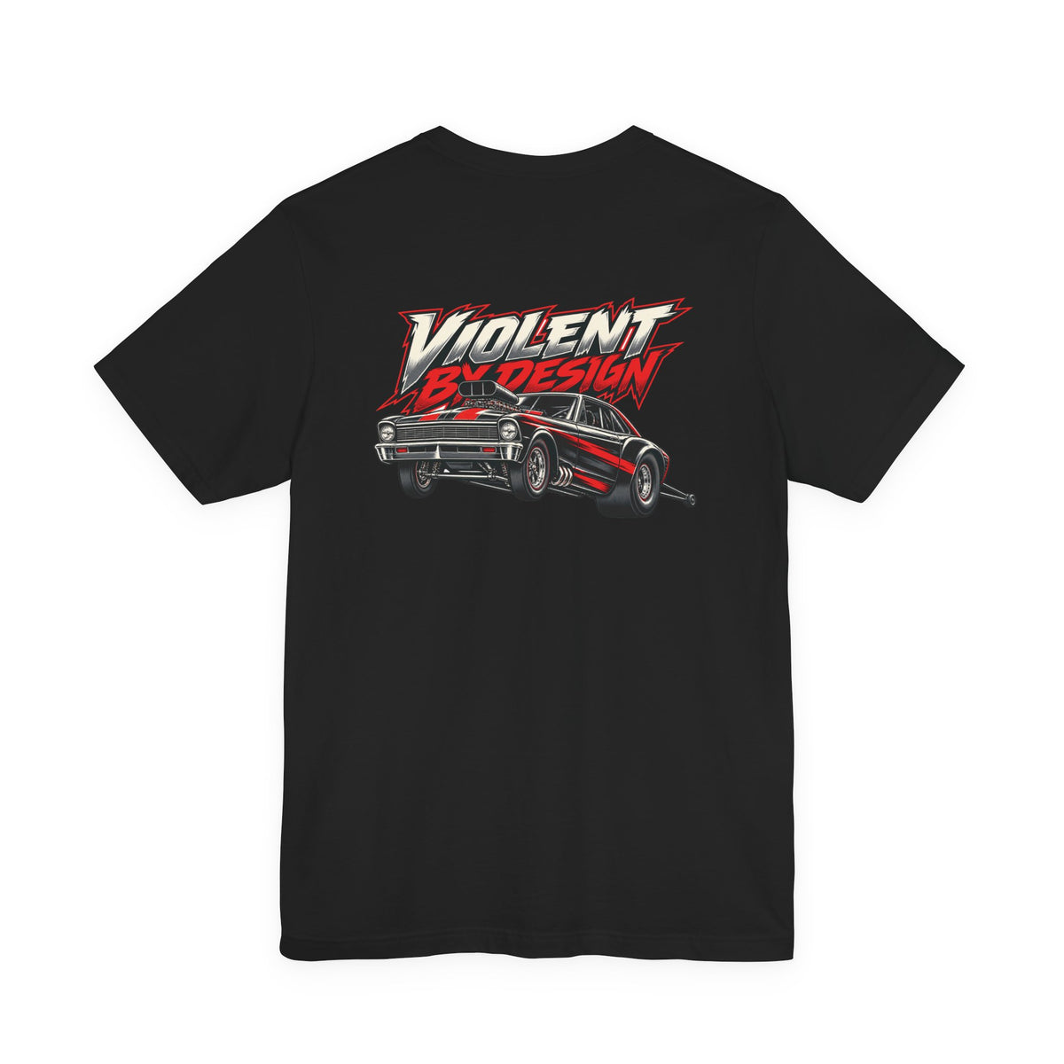 Back of black Bella+Canvas 3001 tee showing the red-and-ivory Violent by Design supercharged drag car artwork
