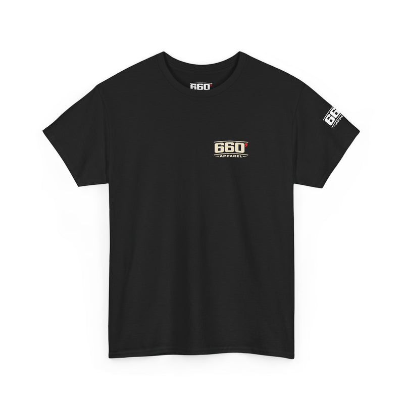Front of black Gildan 5000 with official 660′ Apparel chest, sleeve and neck marks