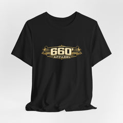 Hanging black vintage gold helmet tee with wide cream-and-gold 660′ Apparel front logo