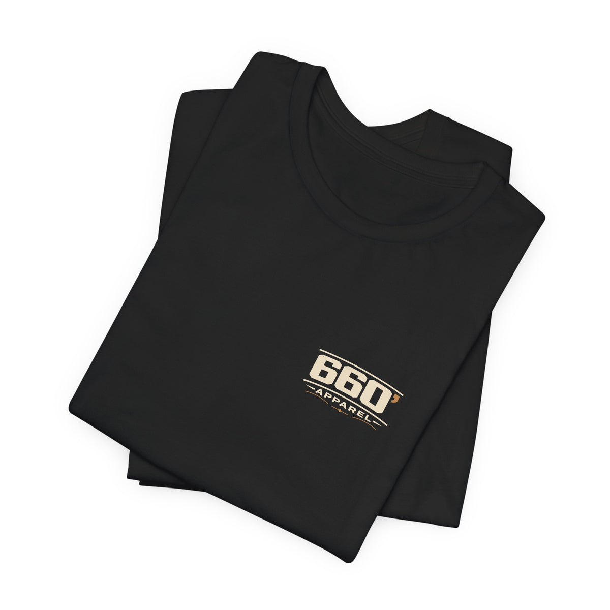 Folded black tee with master-derived 660′ Apparel chest logo