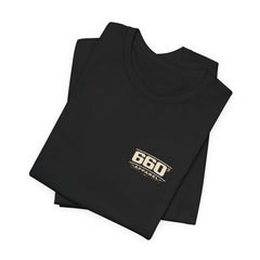 Folded black tee with master-derived 660′ Apparel chest logo