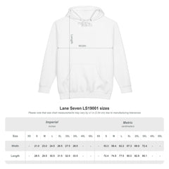 Lane Seven LS19001 hoodie size chart in inches and centimeters, offered sizes S–3XL