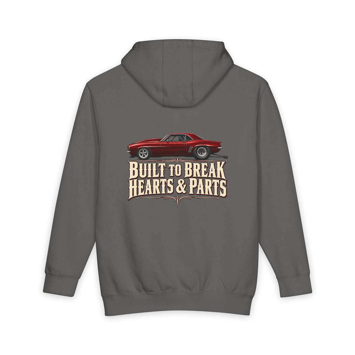 storm back of Lane Seven heavyweight hoodie — Built to Break Hearts & Parts. artwork