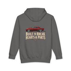 storm back of Lane Seven heavyweight hoodie — Built to Break Hearts & Parts. artwork