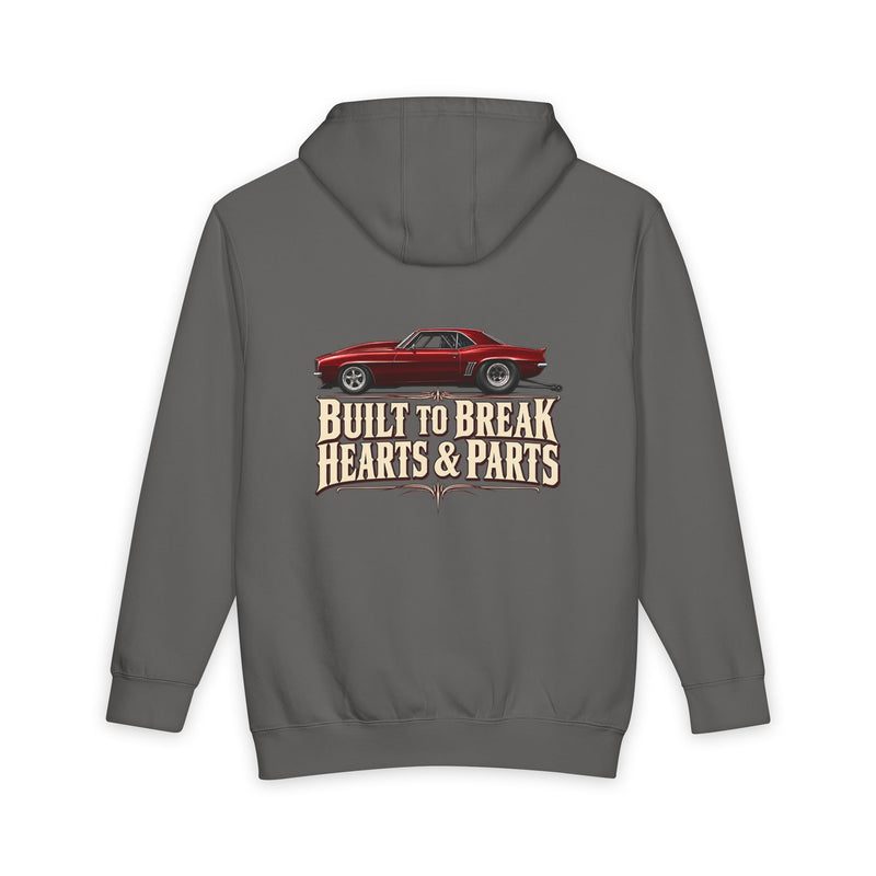 storm back of Lane Seven heavyweight hoodie — Built to Break Hearts & Parts. artwork