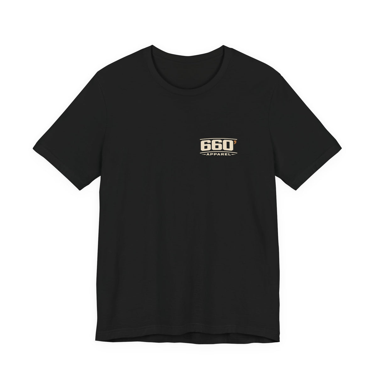 Front of black Bella+Canvas 3001 tee with a small matching official 660 Apparel left-chest mark