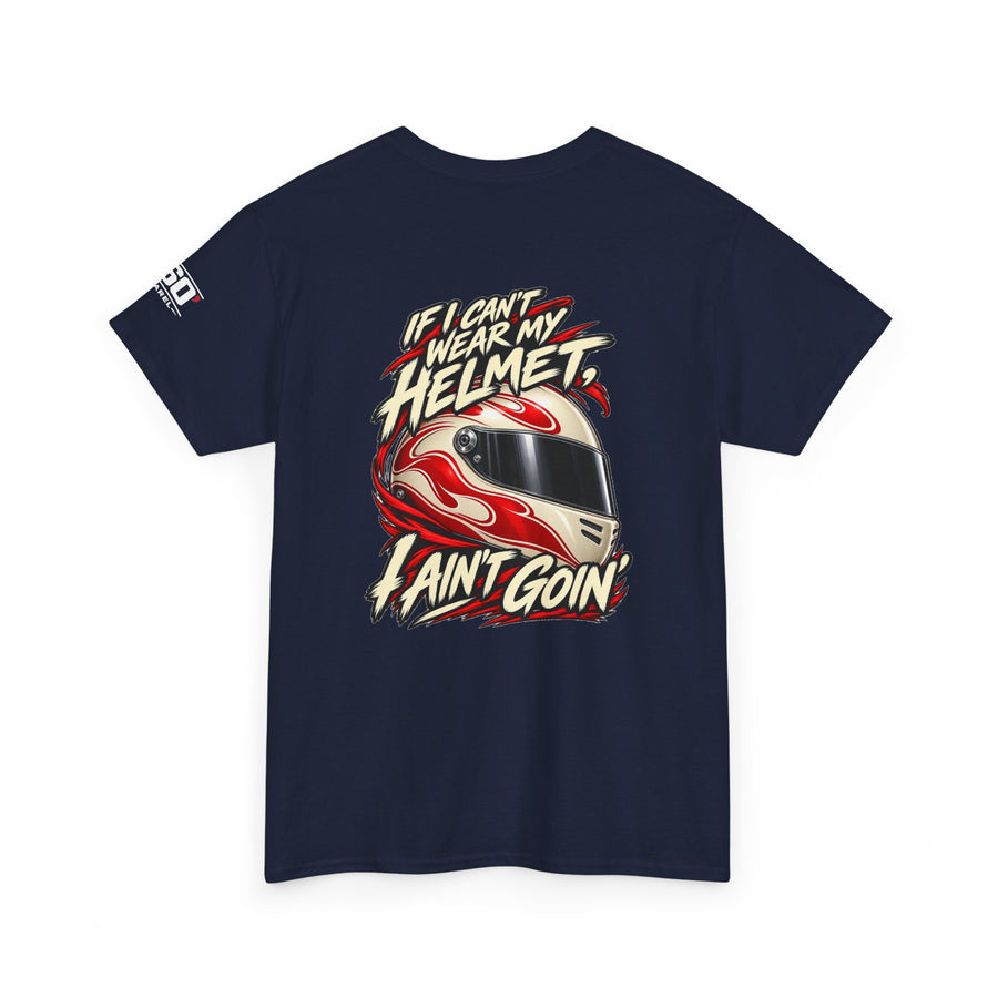 Back of navy Gildan 5000 with the flame-painted racing helmet slogan artwork