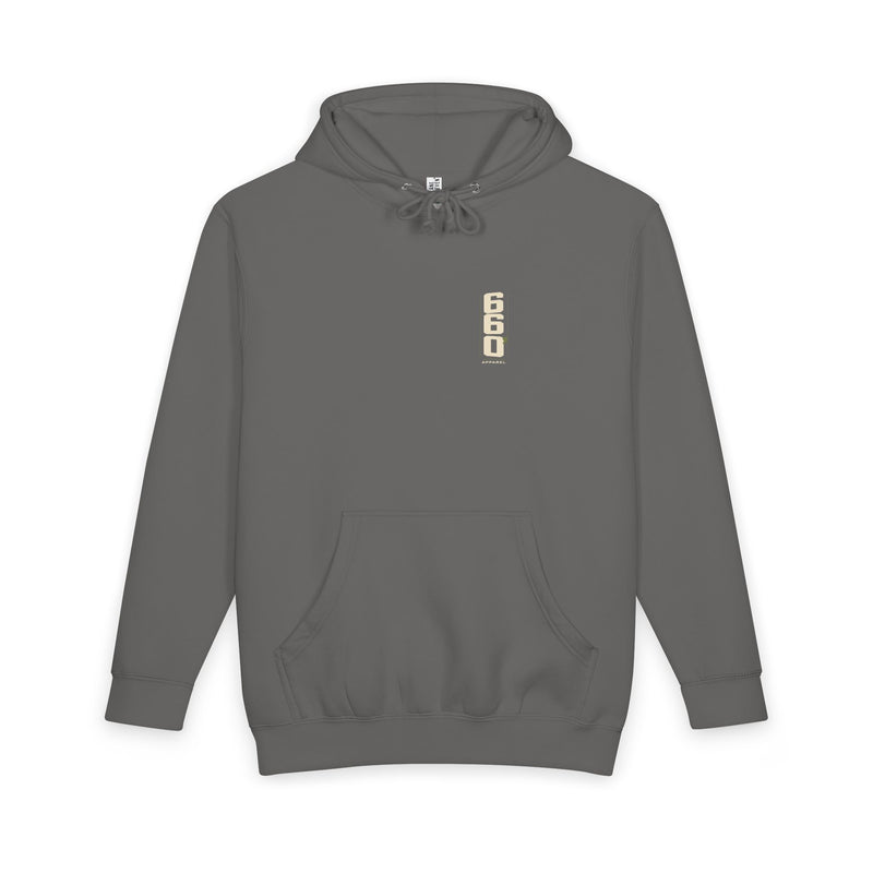 storm front of Lane Seven heavyweight hoodie — official 660′ Apparel left-chest mark