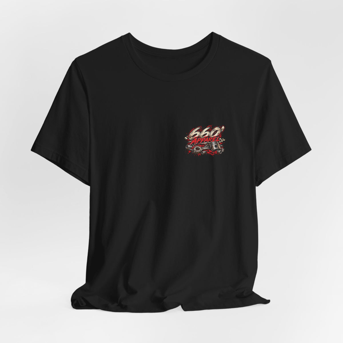 Angled front mockup of the black Run a Number racing T-shirt with the small 660′ Apparel left-chest logo.