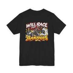 Back of black Will Race for Bananas tee with monkey-driven dragster, Christmas tree, tire smoke and bananas