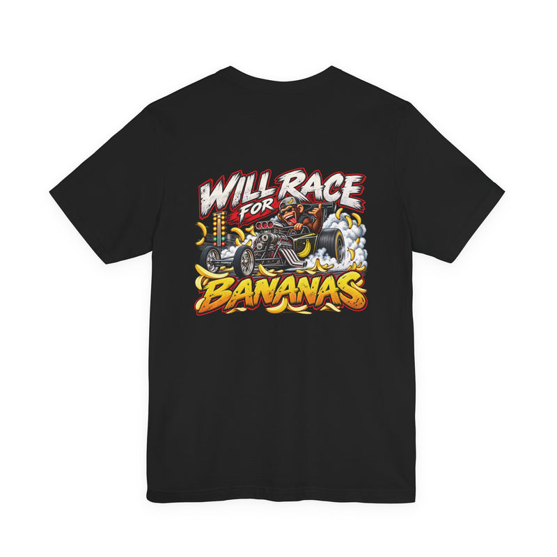 Back of black Will Race for Bananas tee with monkey-driven dragster, Christmas tree, tire smoke and bananas
