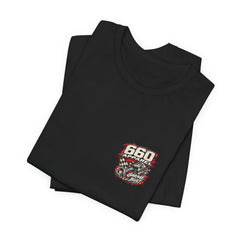 Folded black Will Work for Bananas tee showing the 660′ Apparel Garage Built chest emblem
