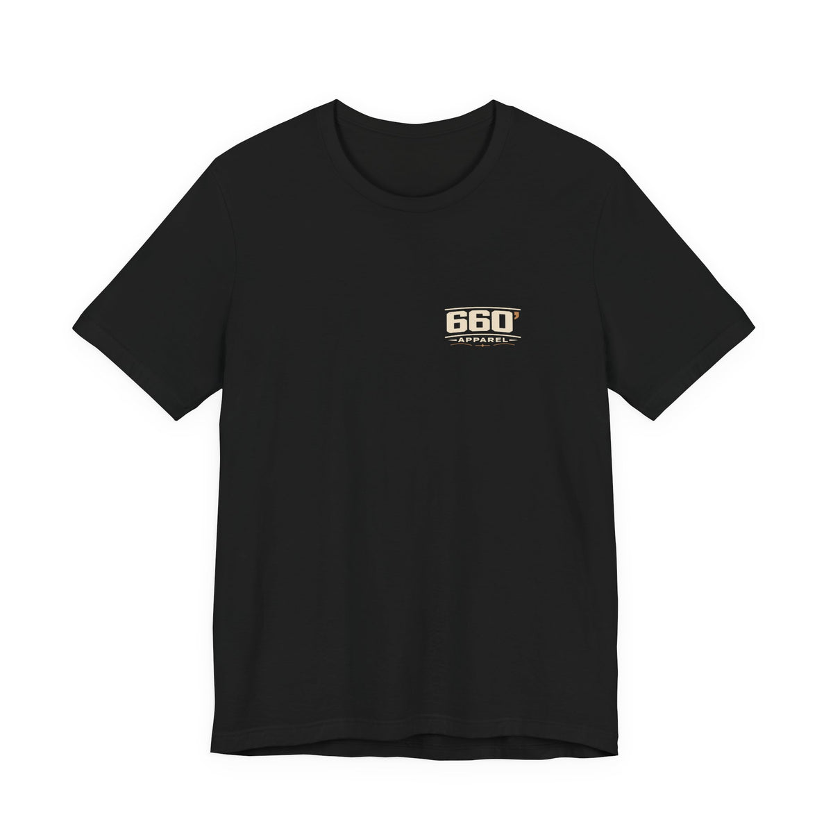 Front of black Bella+Canvas 3001 tee with small master-derived 660′ Apparel western logo on the left chest