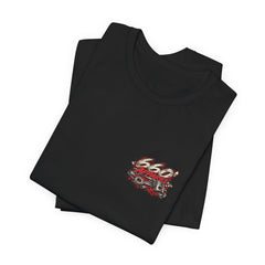 Folded black Bella+Canvas 3001 provider mockup showing 660′ Apparel chest branding