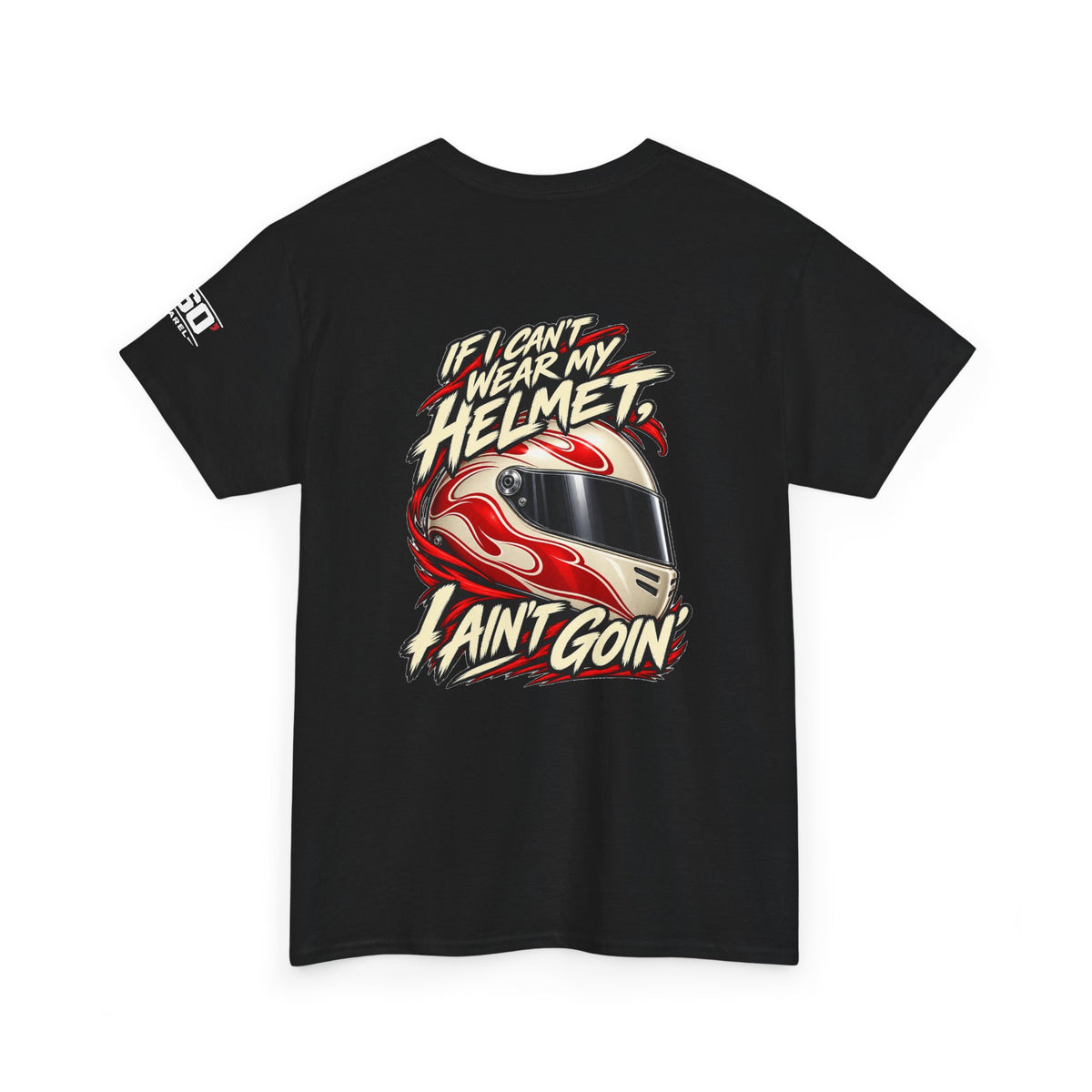 Back of black Gildan 5000 with the flame-painted racing helmet slogan artwork