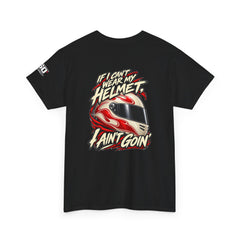 Back of black Gildan 5000 with the flame-painted racing helmet slogan artwork