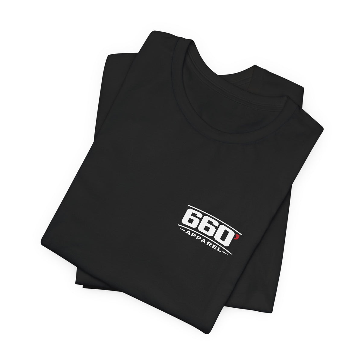 Folded black tee showing classic 660′ Apparel chest logo
