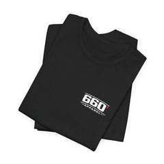 Folded black tee showing classic 660′ Apparel chest logo