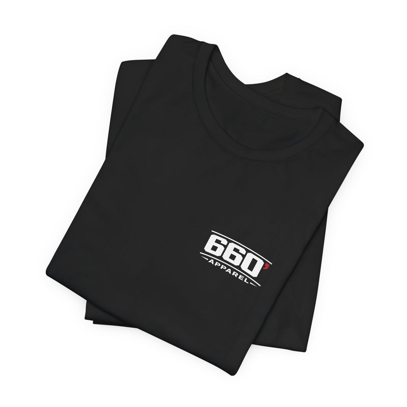 Folded black tee showing classic 660′ Apparel chest logo