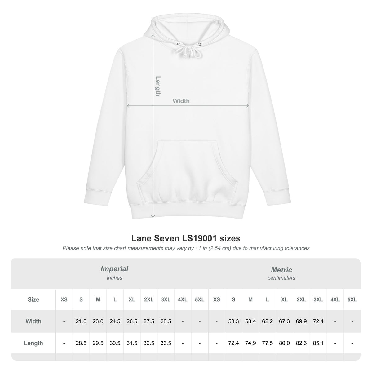 Lane Seven LS19001 hoodie size chart in inches and centimeters, offered sizes S–3XL