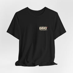 Hanging black Violent by Design tee with the official 660 Apparel chest mark