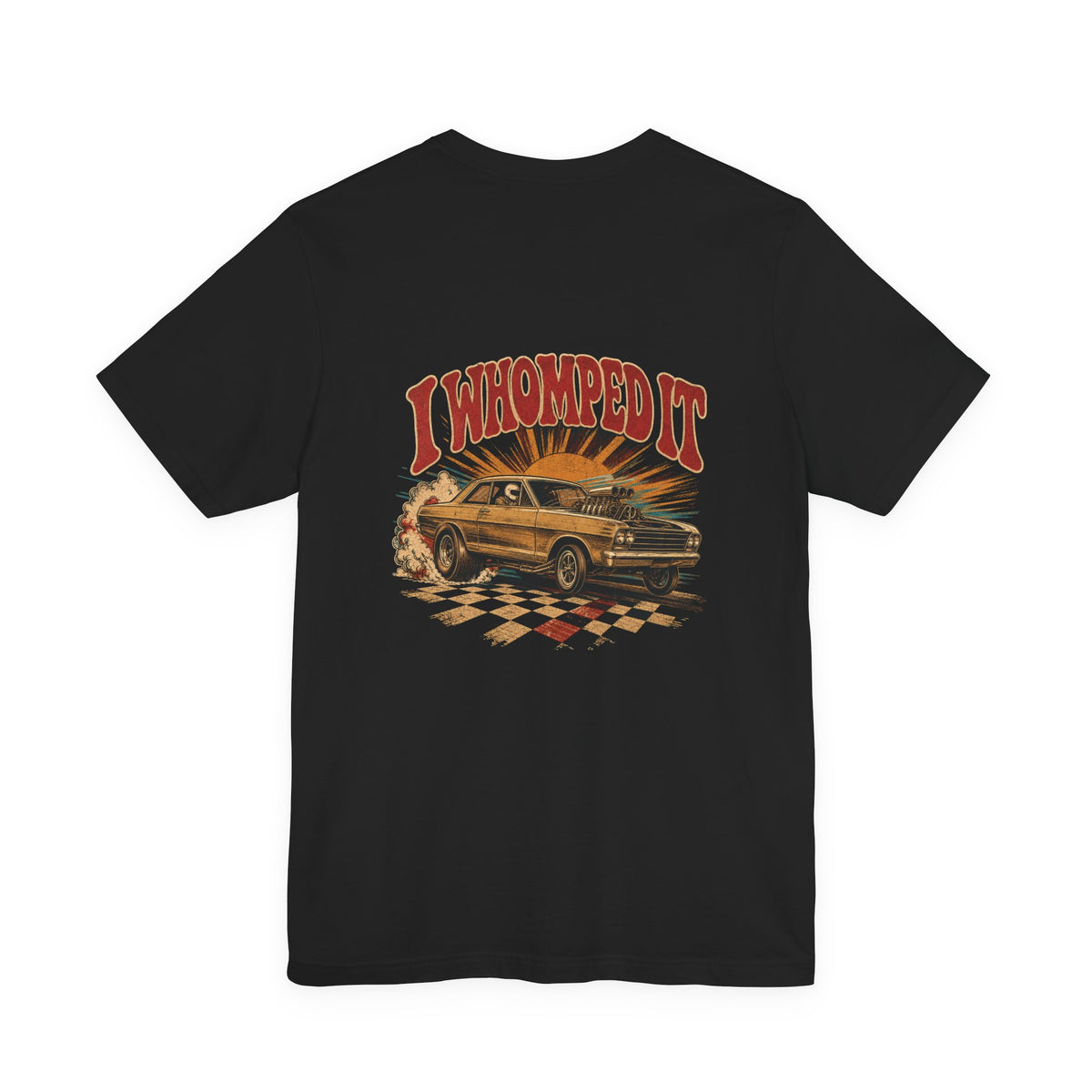 Back of black Bella+Canvas 3001 tee with I Whomped It lettering and vintage door car at the finish stripe
