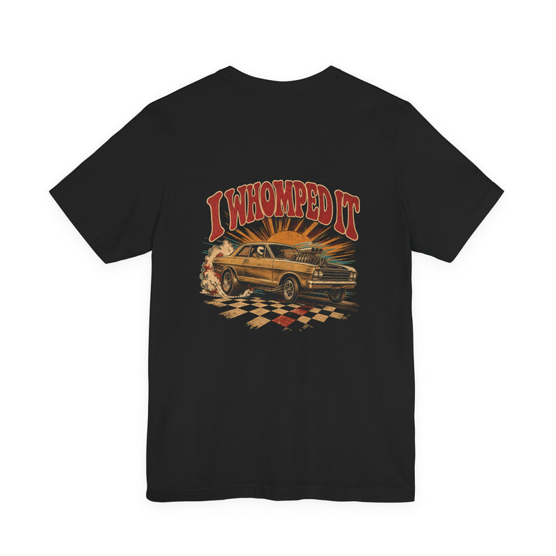 Back of black Bella+Canvas 3001 tee with I Whomped It lettering and vintage door car at the finish stripe
