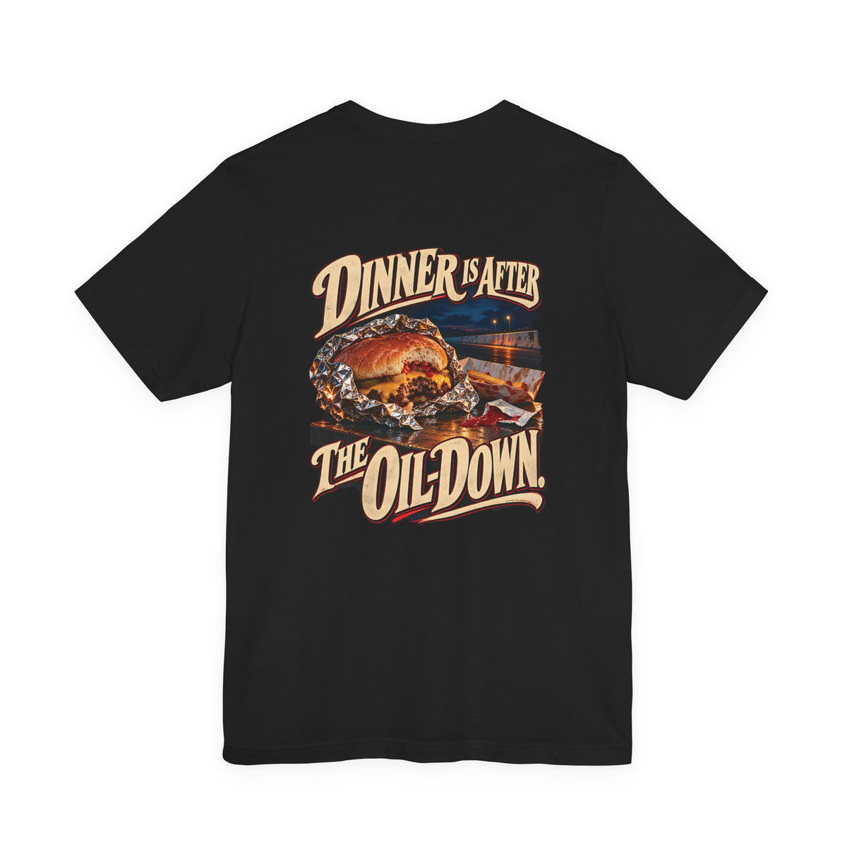 Dinner Is After the Oil-Down. — Trackside Tee — back graphic on black Bella+Canvas 3001