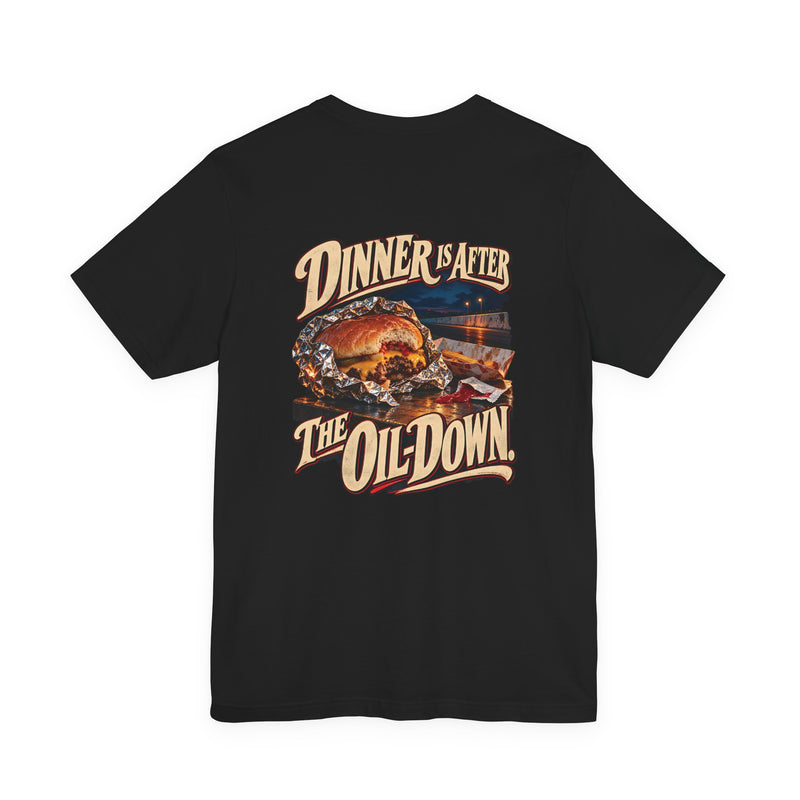 Dinner Is After the Oil-Down. — Trackside Tee — back graphic on black Bella+Canvas 3001