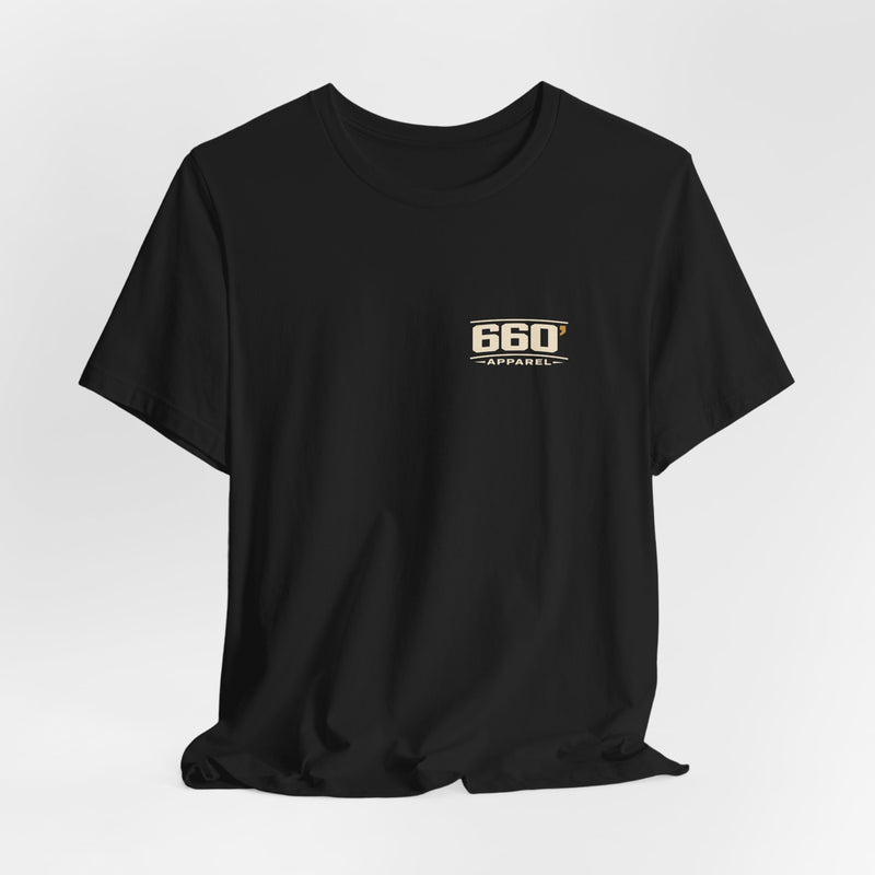 Hanging black tee with matching official 660 Apparel chest mark