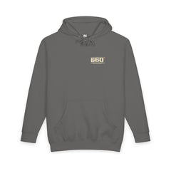 storm front of Lane Seven heavyweight hoodie — official 660′ Apparel left-chest mark