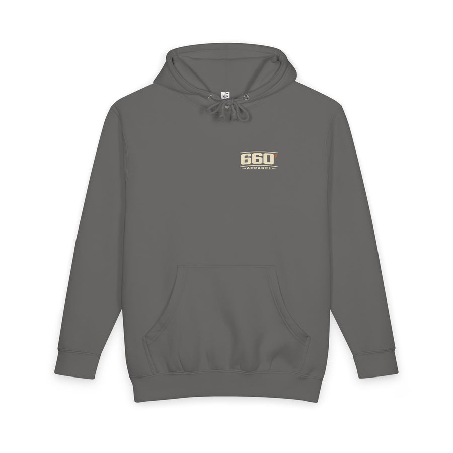 storm front of Lane Seven heavyweight hoodie — official 660′ Apparel left-chest mark