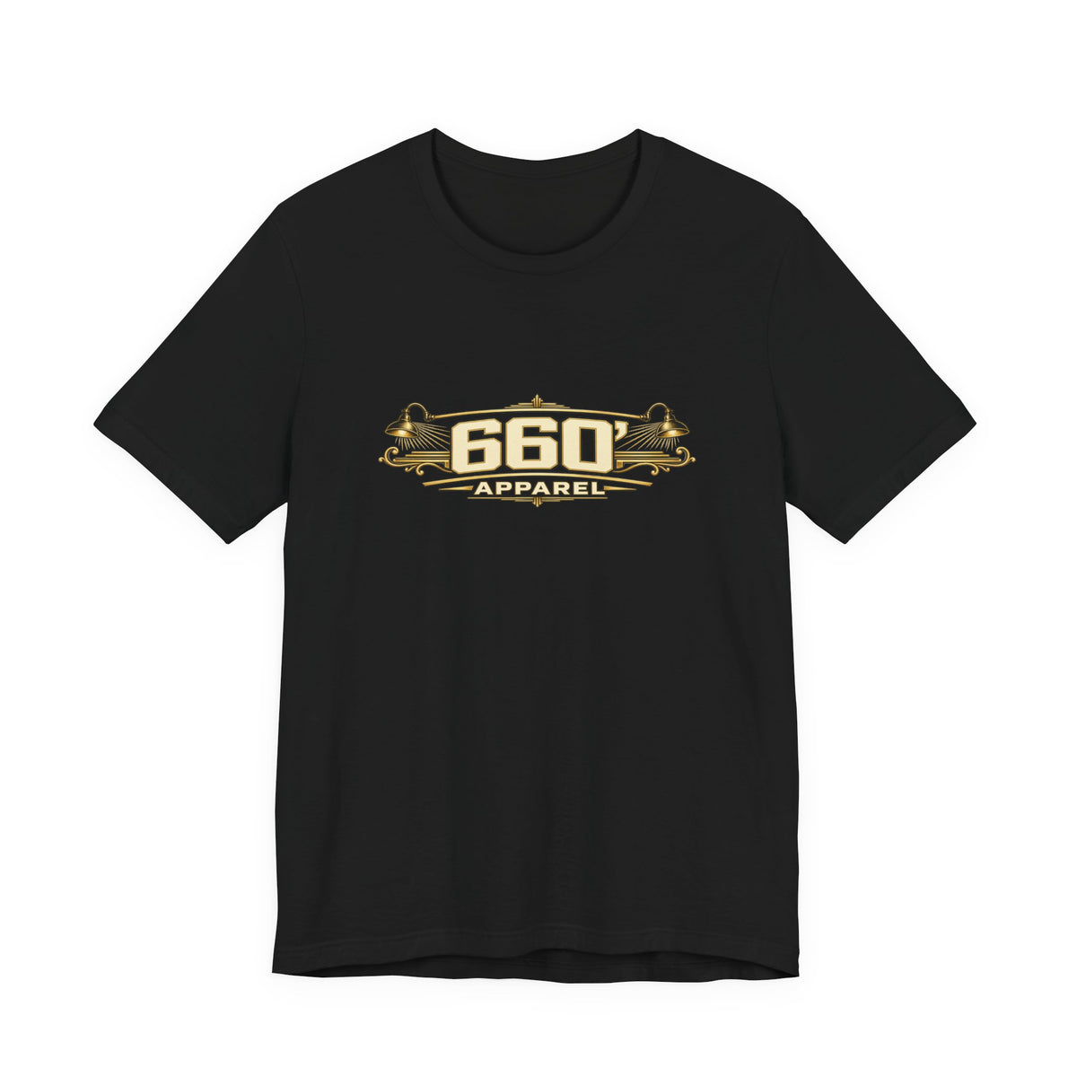 Front of black Bella+Canvas 3001 with wide cream-and-gold 660′ Apparel logo, shop lamps and engraved ornament