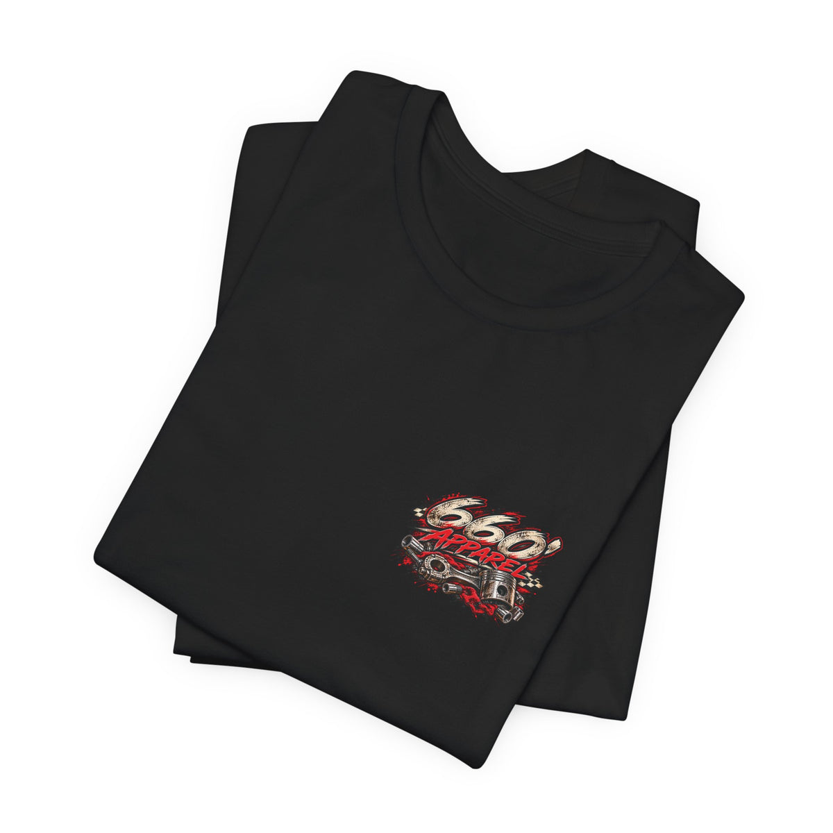 Folded black Bella+Canvas 3001 tee showing 660′ Apparel chest branding