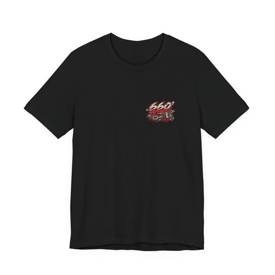 Black tee front mockup with small 660′ Apparel left-chest racing logo